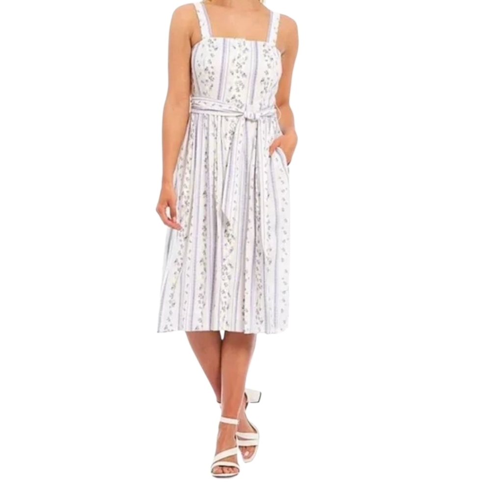 ANTONIO MELANI Cream and Blue Floral Linen Prarie Patterned Midi Dress